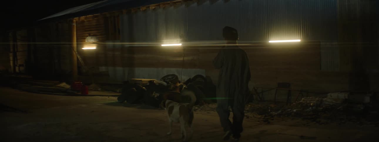 A man walks with his dog in the lot