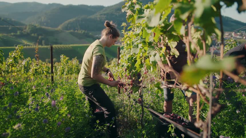 Two people pick grapes from a vine on a sunny farm carefully placing the ripe clusters into baskets as they move along the rows under the bright clear sky