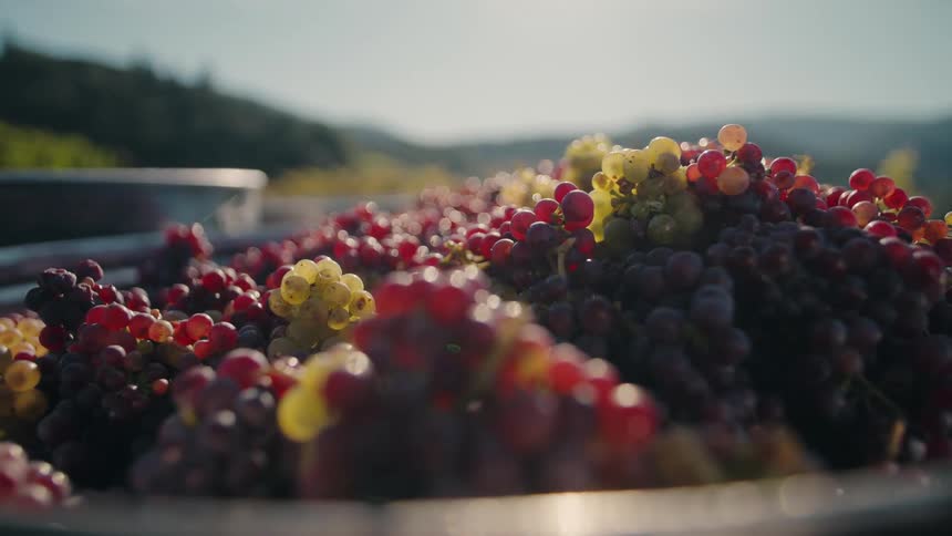 Clusters of fresh grapes in shades of purple and yellow under soft evening light