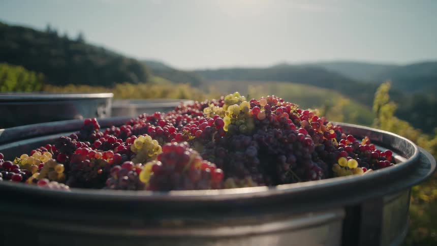 Red and green freshly harvested grapes fill metal container under sun in vineyard with hills in the background