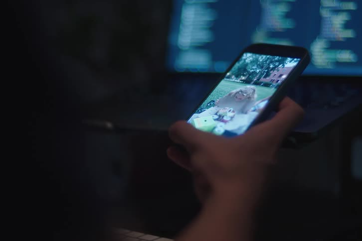 A close view of a hand holding a smartphone in a dimly lit space showing a video of a smiling woman with blonde hair sitting on a large wrapped present outdoors on a sunny lawn