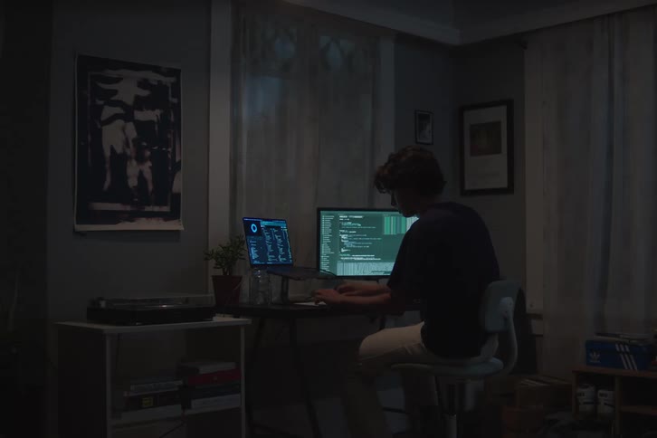 A young man works late at a desk typing with code on two monitors in a dim bedroom