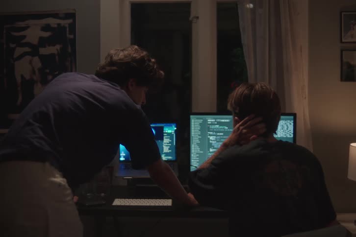 A wide interior view shows two young men sitting and standing at a desk with two computer screens displaying lines of green and white code or data in a dark room late at night