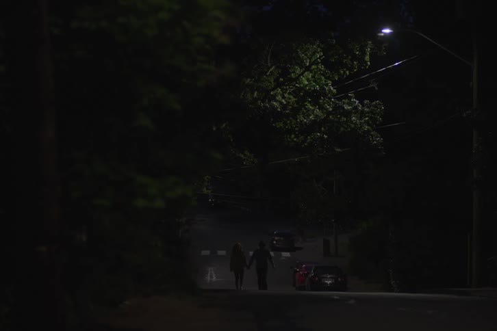 A long dark view shows a couple walking slowly hand in hand down a dark tree lined street at night illuminated faintly by a distant street light and the brake lights of a parked car