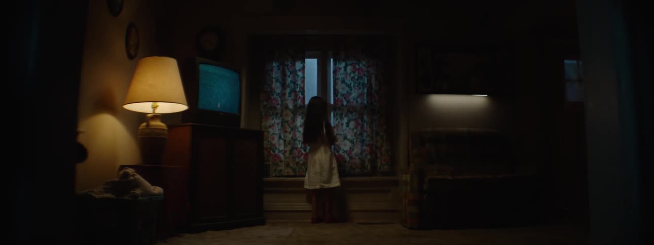 A dark haired girl looks out of a window