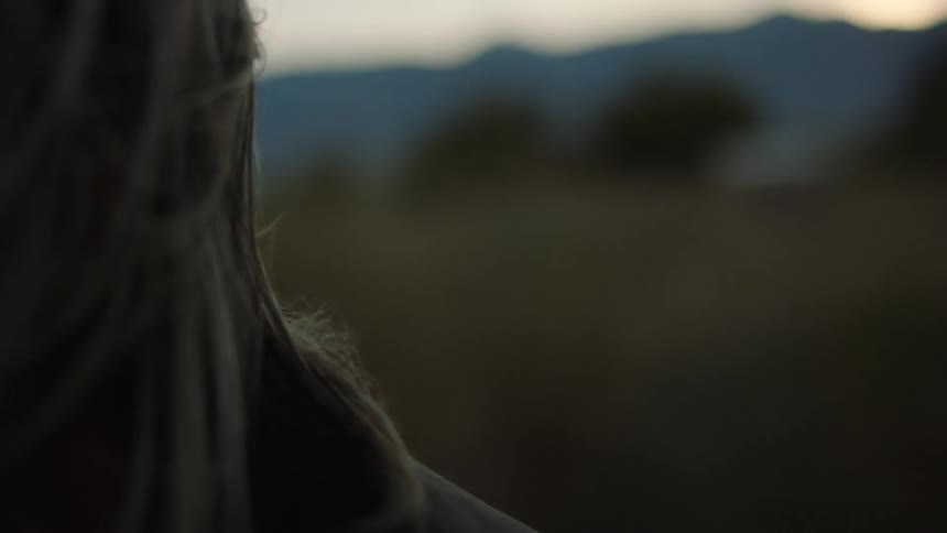 The wind blows a person's hair in a rural field at sunset
