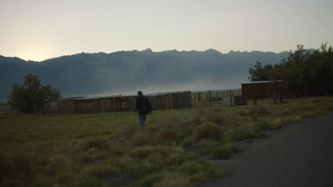 A man walks in a grassy rural field