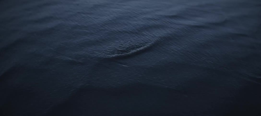 A close highangle view of the dark deep blue ocean surface shows small ripples and a breaking wave in the foreground creating white foam that quickly dissipates