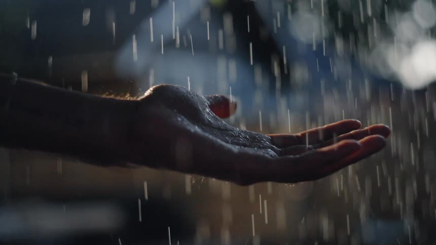 Male human hand touching drops of rain outdoors during night time