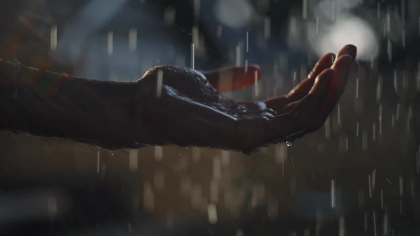 Rain is pouring on the mans hand