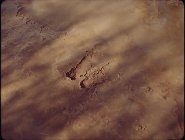 A close topdown view shows a bare foot stepping out of a footprint left in the wet light brown mud or clay on the ground