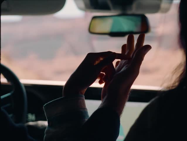 White man and woman caressing and holding hands inside a car in the wilderness indoors during day time
