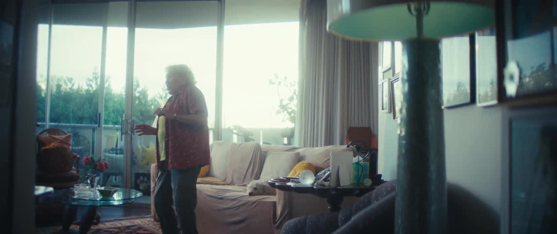 An elderly woman happily dances in her sunlit living room as her dog rests on the couch