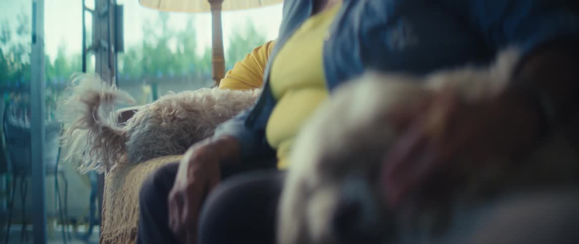 An elderly woman sits on a couch at home affectionately talking to and petting her two small dogs