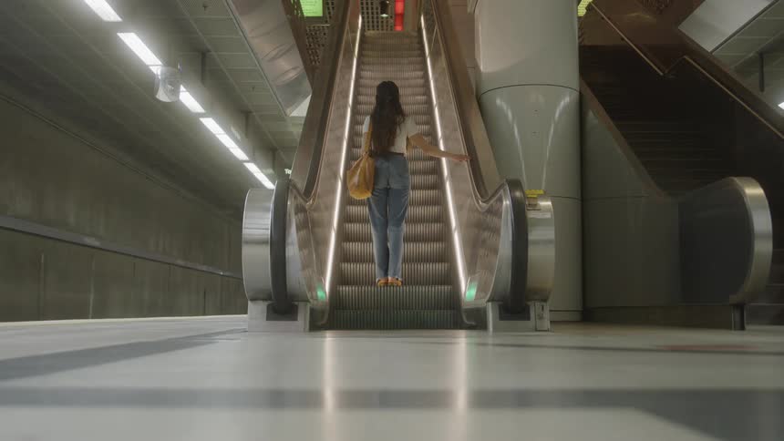 Woman ascending an escalator in a modern station with soft lighting