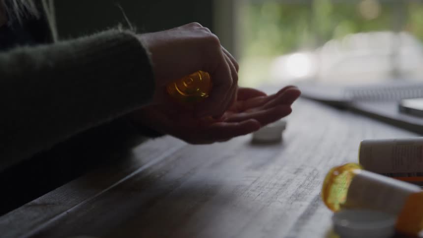 A persons hands as they open a small orange pill bottle pour several small yellow pills into their palm and then place the bottle back on a wooden table
