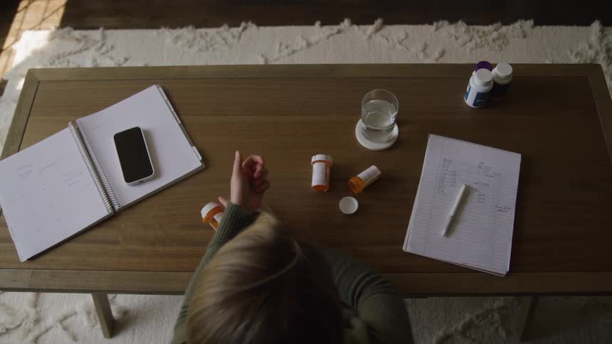 The video clip is an overhead medium shot of a person seated at a wooden table reviewing an open notebook a smartphone and scattered pill bottles the scene suggests the theme of health and wellbeing with a glass of water a pen and paper als