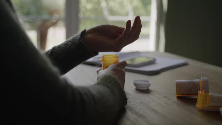 Person taking a pill with a glass of water near a window
