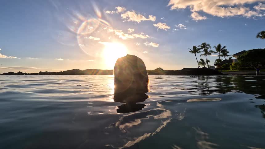 Person swimming in the sea at sunset with palm trees in the background