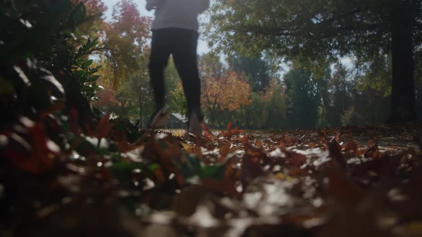 A person running in a park surrounded by trees and with several brown leaves on the ground