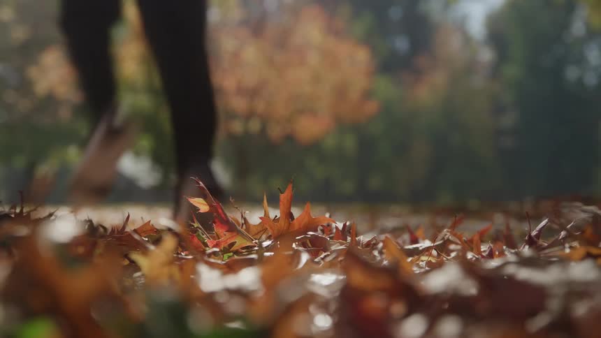 Person running along a path covered with dry autumn leaves