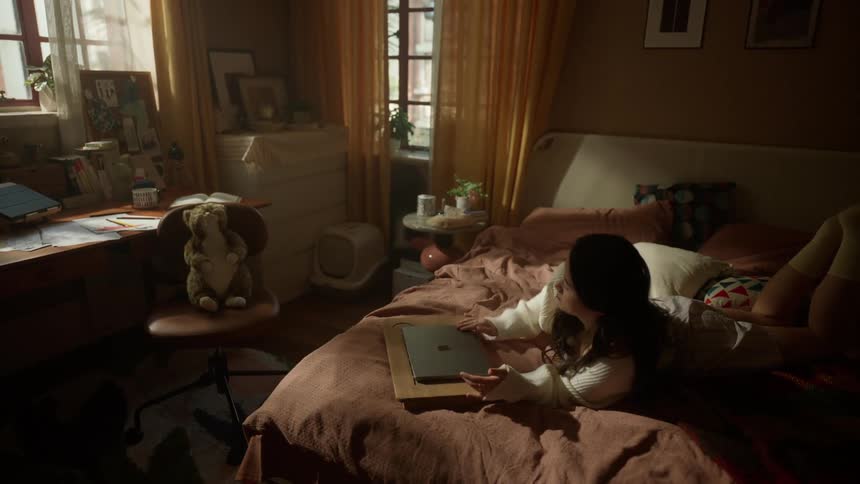 A young woman lies on her stomach on a bed types on a laptop closes the laptop stretches her body and then sits up on the bed