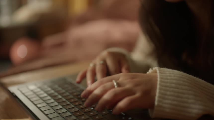 A closeup shot focuses on a womans profile as she looks down while her hands rapidly type on the keyboard of a laptop computer