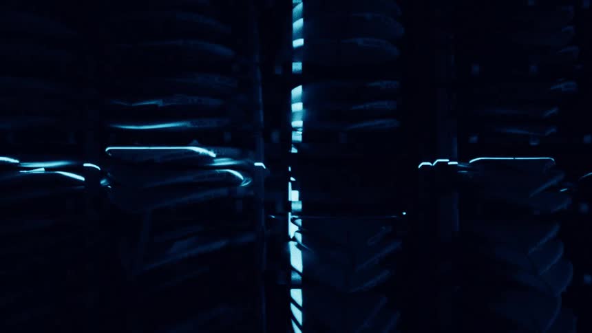 Bluish lights reflect on metallic surfaces forming an abstract pattern in the dark
