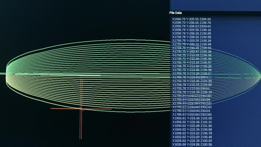 Digital modeling of a surfboard displayed with vector lines and numerical data