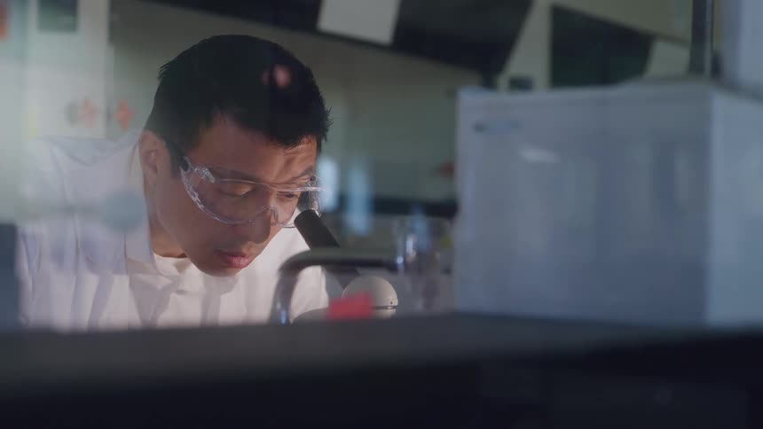 Young male scientist looking into a microscope on a lab indoors
