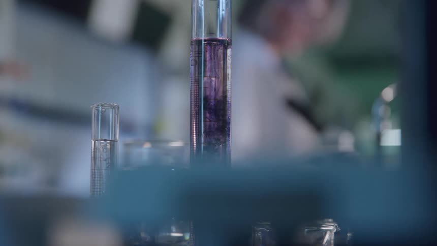 Test tube with purple liquid in a laboratory