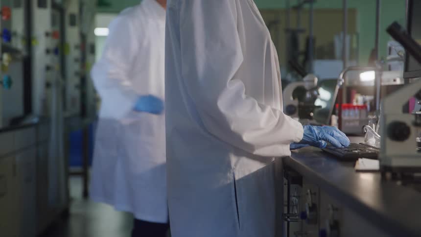 The scientist is typing on a computer in the lab