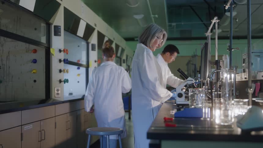 The video shows a wide view of a bright modern science laboratory with several people in lab coats workingan older woman in the foreground is looking at a microscope while other researchers are busy near the line of fume hoods along th