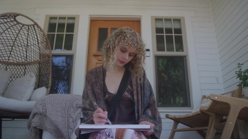 The girl is drawing on the porch