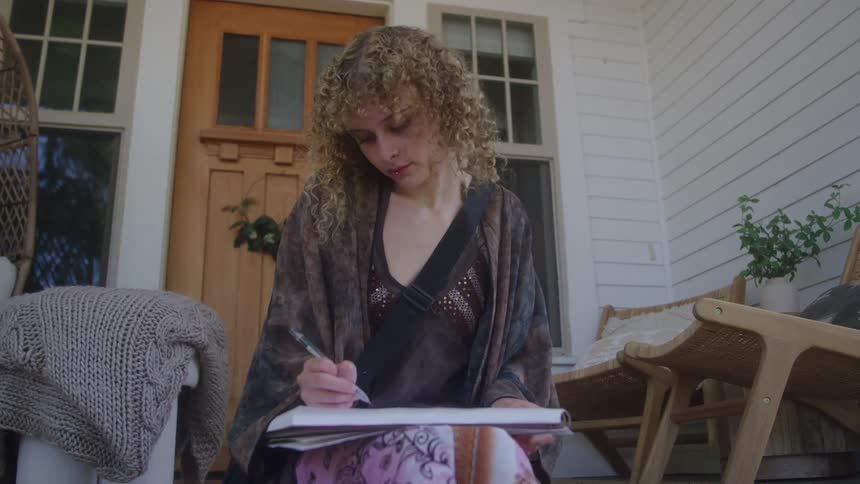 A young woman drawing in a book while sitting outdoors at a home entrance during daytime