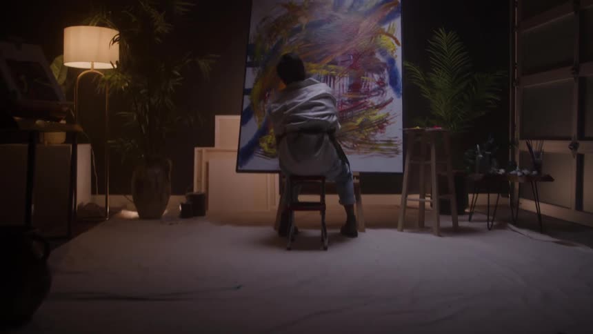 The woman is painting while sitting on a stool