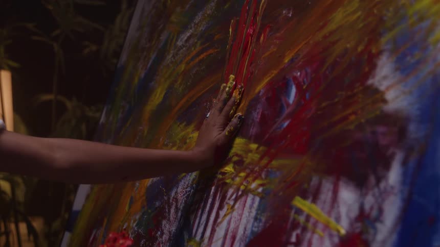 Close up of a black female artist painting abstract art on a canvas with her palms