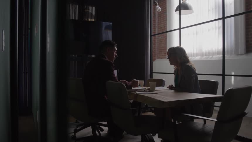 The video shows two professionals a man and a woman sitting in a modern officeconference room engaged in a discussionthey are seated across a wooden table with some papers and mugs with a large window that lets in bright natural light visib