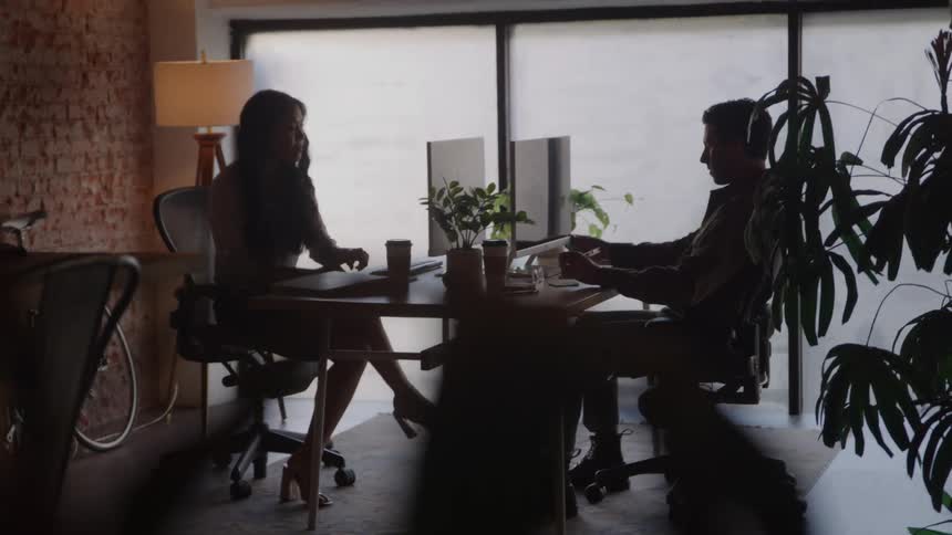 The video shows two people in an office space both working in silhouette against a large bright windowa man sits on the right and a woman with long hair and high heels sits on the left each facing their respective computer screens at the sh