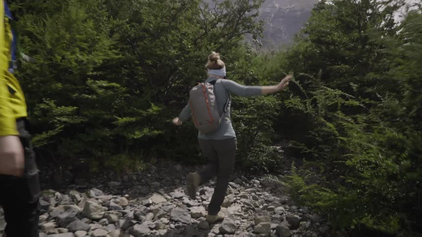 Hikers walk through shrubs on a windy day