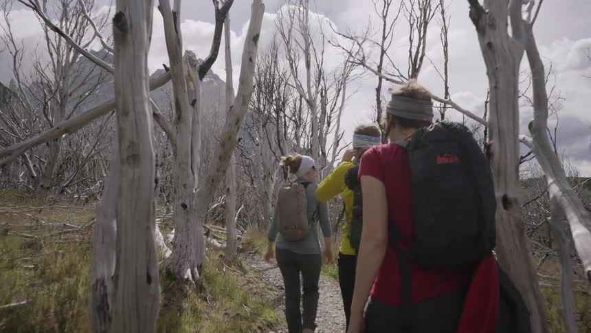 People hiking on trail in mountain wilderness on cloudy day
