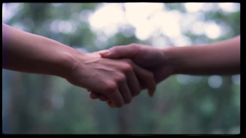 A closeup view shows two peoples hands holding each other firmly then gently sliding apart until the hands completely separate and one hand moves to rest against a patterned dress