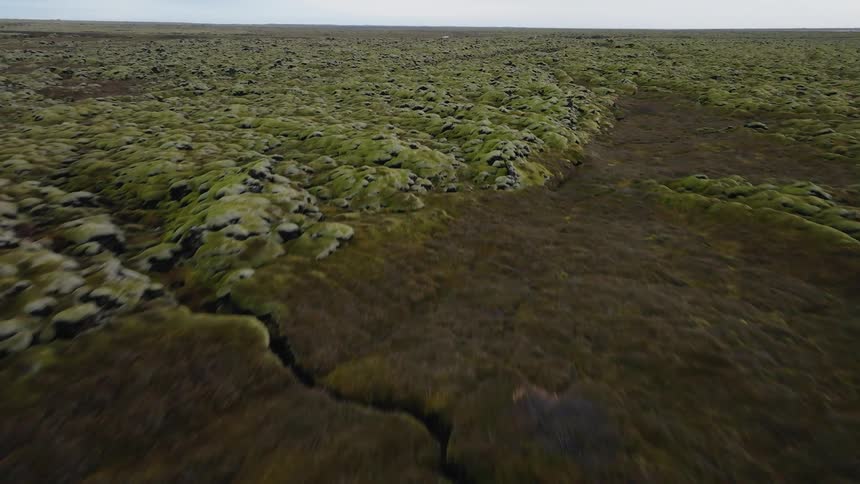 Aerial view of vast moss covered lava field stretching across the landscape