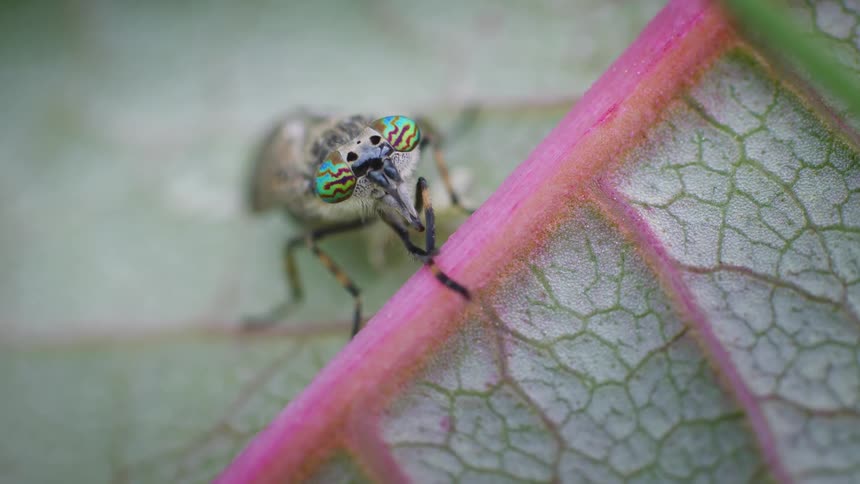 Macro view of a horse fly with iridescent patterned compound eyes using front legs to clean themselves