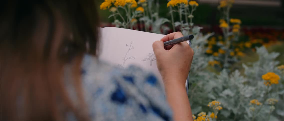 Female artist sketching wildflowers in a notebook outdoors