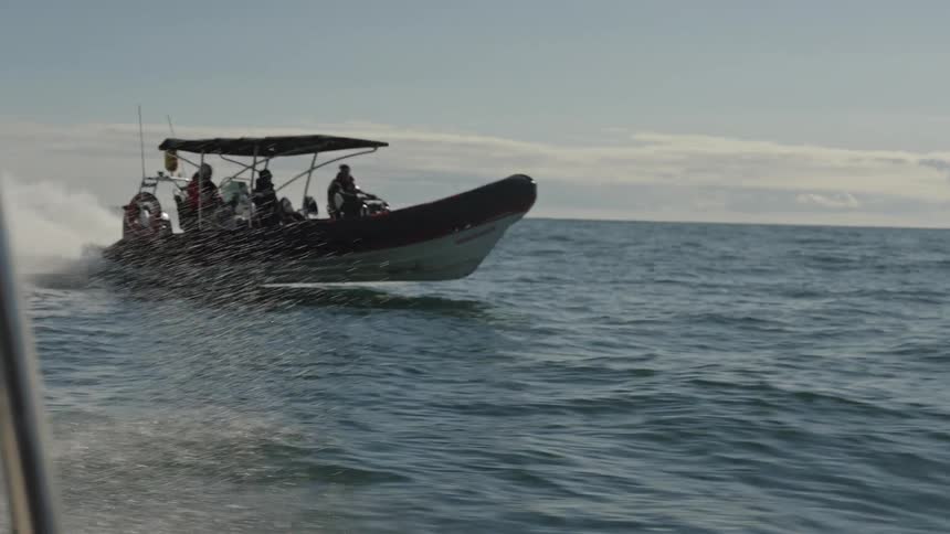 Black speedboat cutting through the open sea at high speed
