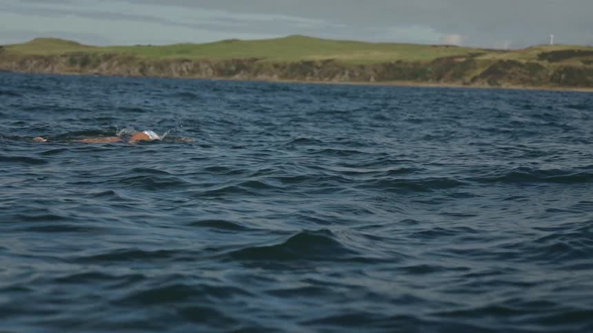 Swimmer performs stroke in open water near coastline with green hills under partly cloudy sky