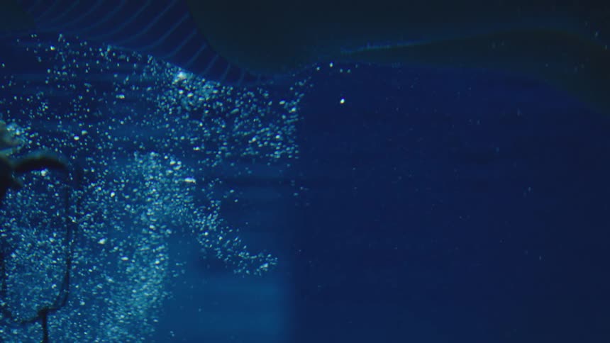 A closeup underwater shot shows a persons legs and feet submerged in deep blue water with many streams of bubbles rising on the left and a pair of goggles is visible briefly near the bubbles