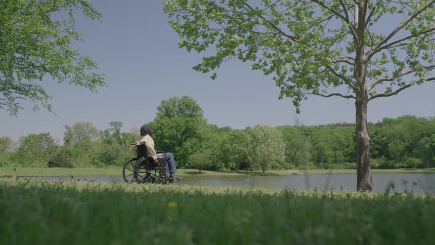A black man in a wheelchair sits by a lakeside beneath a leafy tree gazing across the water with a peaceful reflective mood