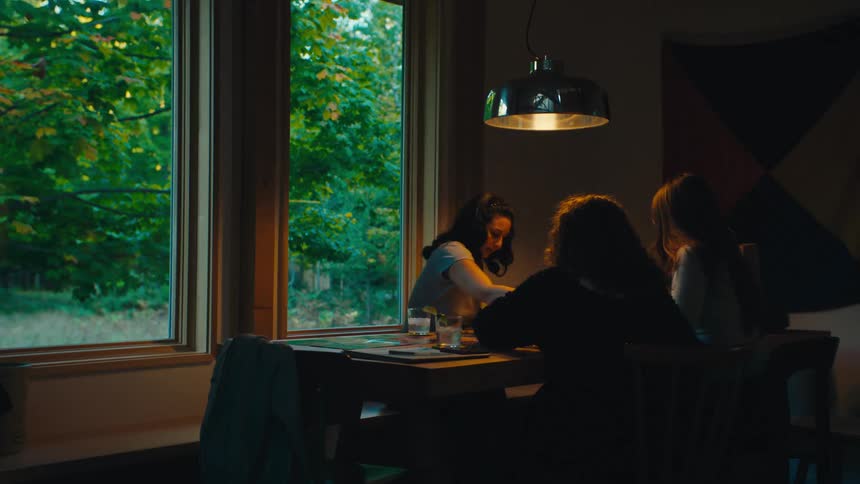 Three people play a board game indoors by a window